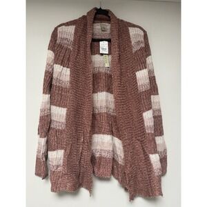 FRESH Striped Open Front Cardigan Sweater Knit XL Pink White Cozy‎ granola